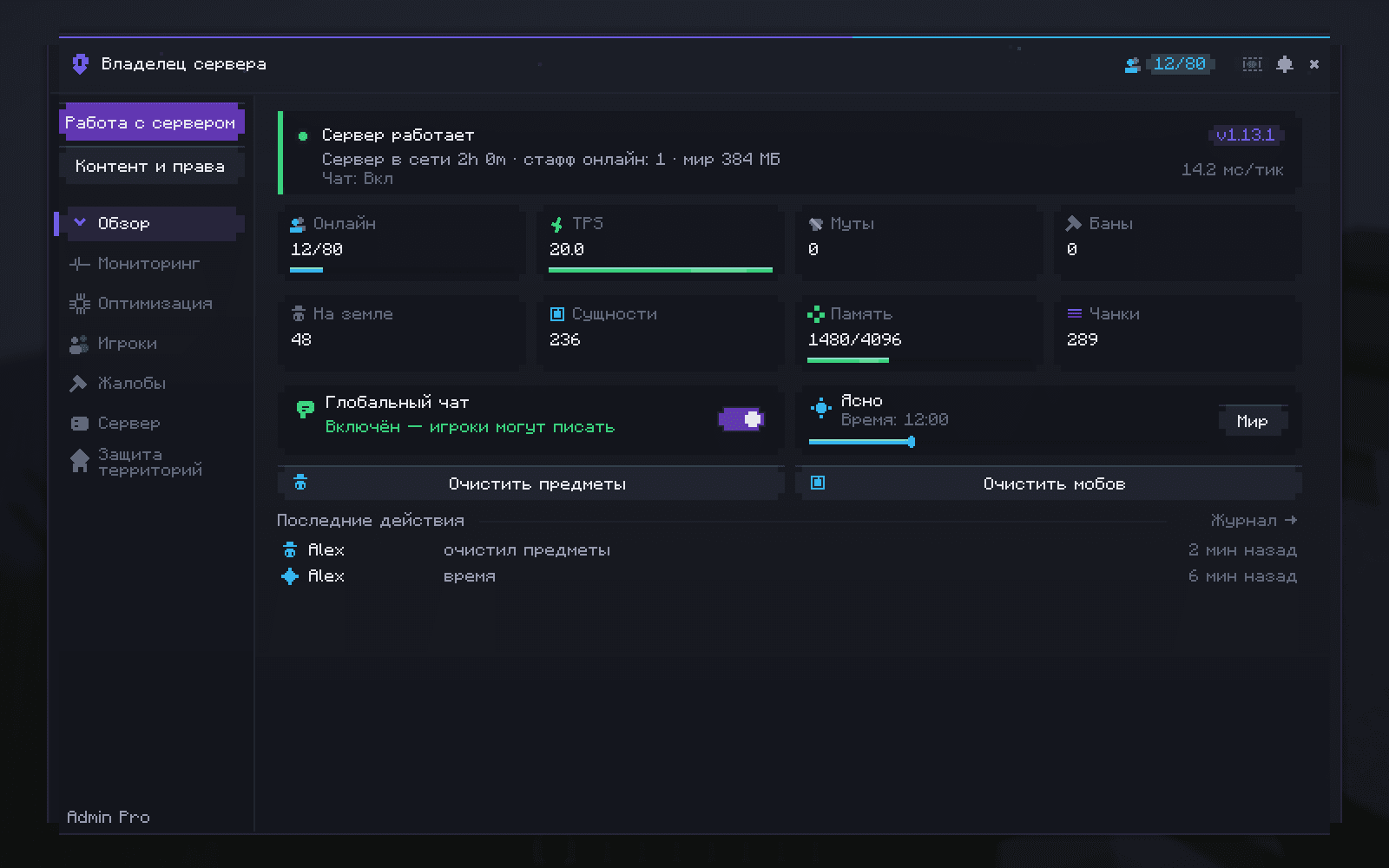 Общий обзор Admin Pro с TPS и показателями сервера