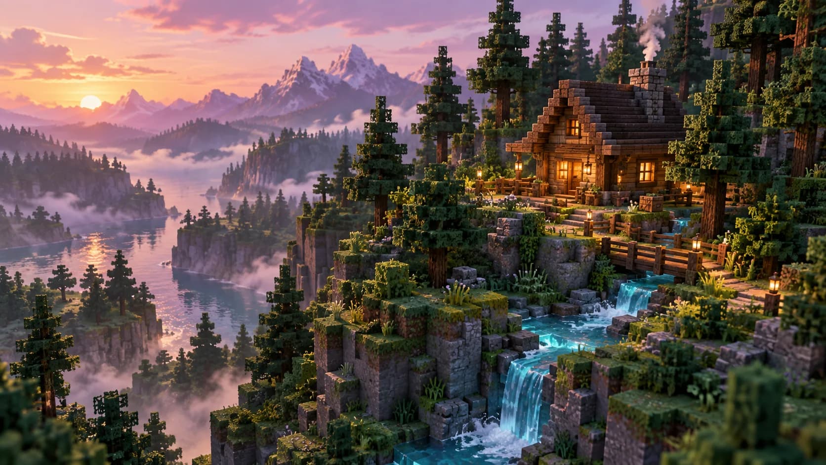 Мир Minecraft: дом среди гор, леса и водопадов